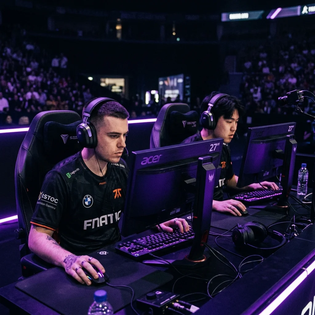 Esports players focusing intently during a match with ambient purple and violet stage lighting