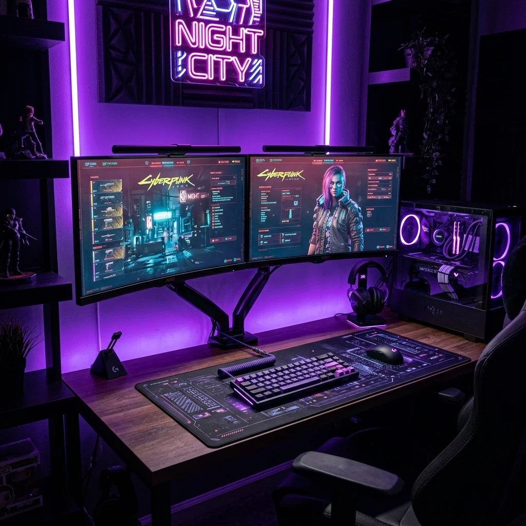 Premium clean dual-monitor gaming setup with ambient purple backlighting