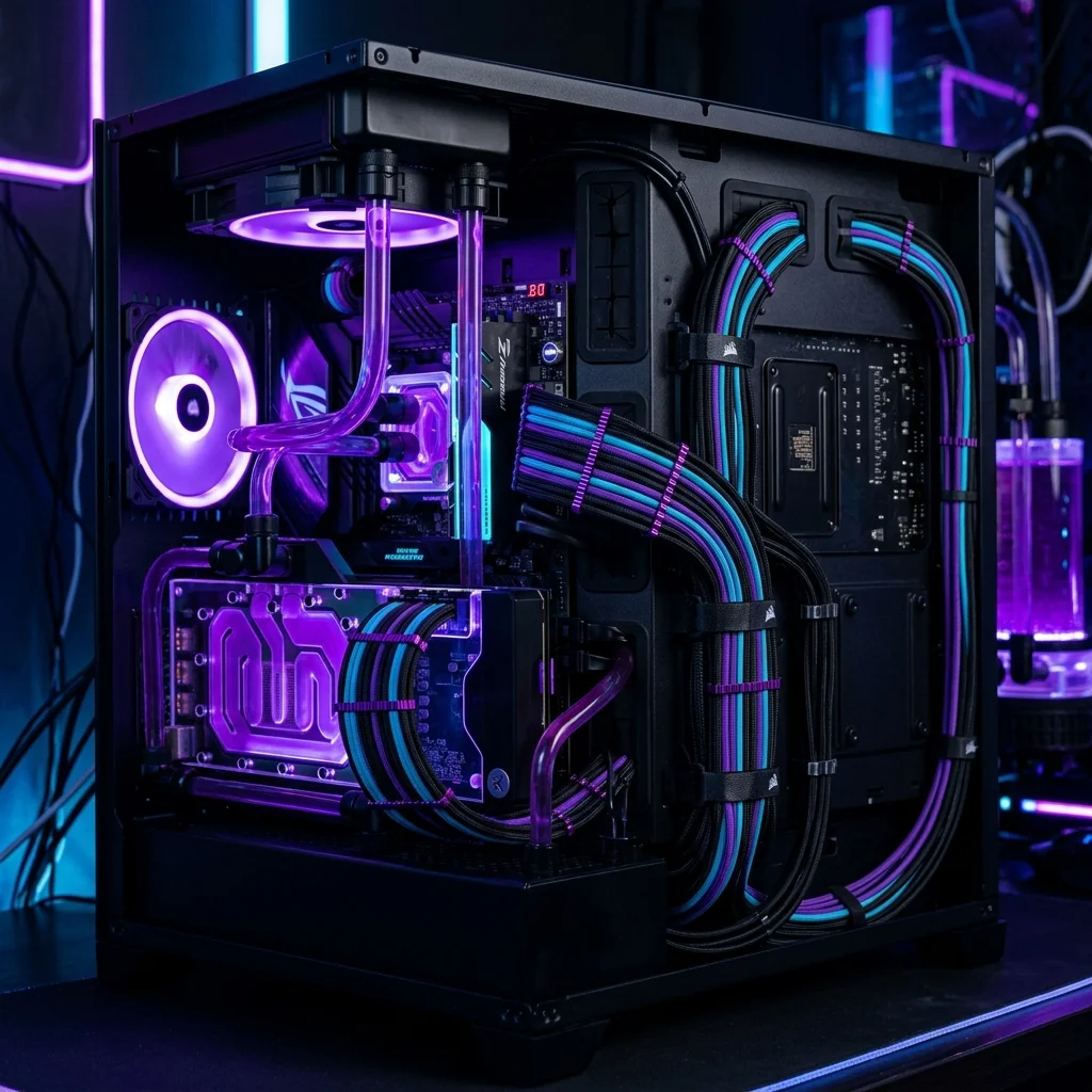 Futuristic gaming PC setup with custom purple lighting