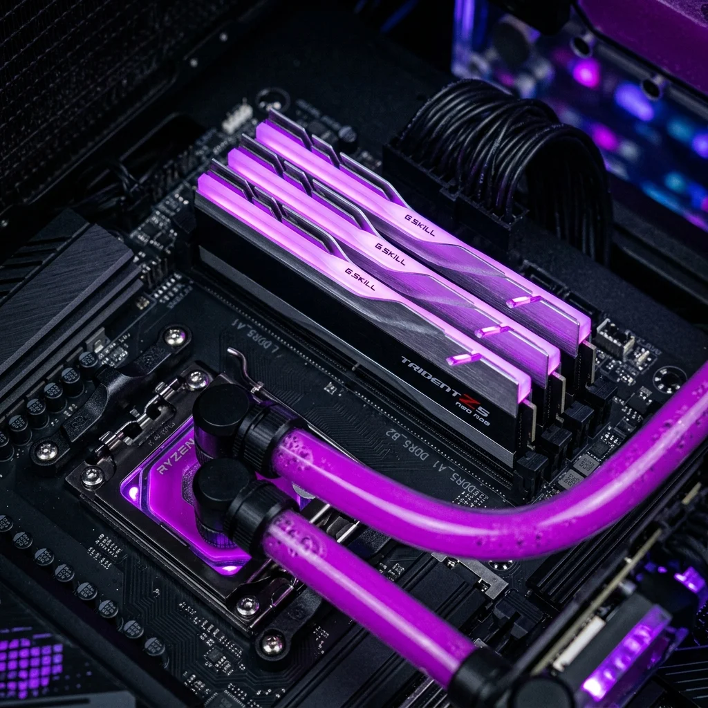 Macro close-up of DDR5 RAM modules with glowing purple RGB strips